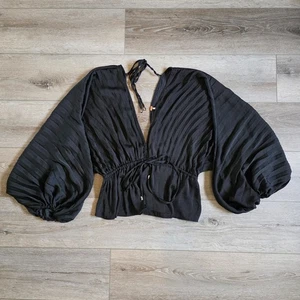 Free People Pleated Plunge Neckline Balloon sleeves Size M Sexy black top blouse - Picture 1 of 6
