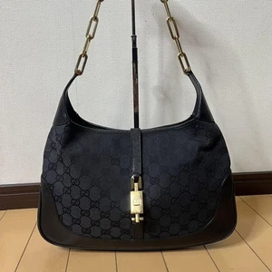 GUCCI GG Jackie Chain Shoulder Bag Canvas Black Gold hardware Used Authentic - Picture 1 of 12