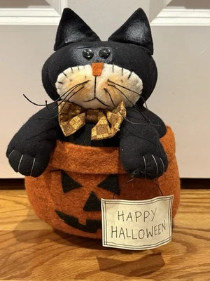HANDMADE PRIMITIVE HALLOWEEN Black CAT Doll Shelf Sitter Farmhouse Country - Image 1 of 4