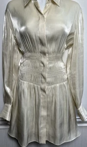 Japanese Deepmoss Designer 100% Shiny Silk Dress Ivory Small L/S Ruched Waist - Picture 1 of 13