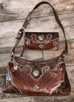 American West Tooled Leather Hobo Purse And Wallet Satchel Shoulder Bag Cowgirl - Image 1 of 4