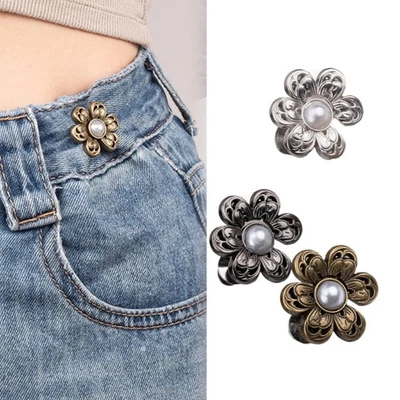 3PCS Removable Pearls Flower Waist Pin Waist Tightening Clip Pants Fitness Hook - Image 1 of 4