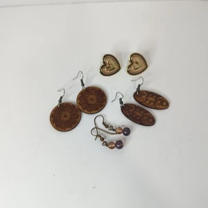 Earring Lot 4 Pairs Boho Wood Handmade Beaded Lane Bryant Heart Studs - Picture 1 of 1