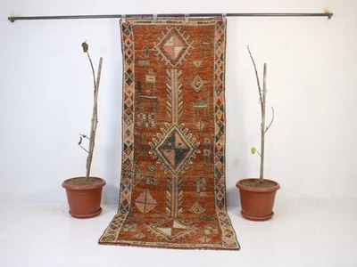 Vintage Hand Knotted Runner Rug Red Rust Tribal Geometric Distressed 3x8 ft - image 1 of 4