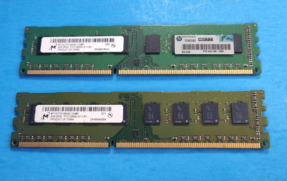 Micron 8GB (2x4GB) 2Rx8 PC3-10600U DDR3-1333 Desktop RAM Memory HP 497158-D88 - Image 1 of 1