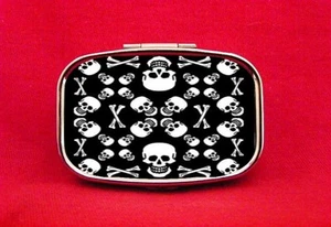 SKULL CROSSBONES TATTOO PRINT 2 METAL PILL MINT BOX CASE - Picture 1 of 2