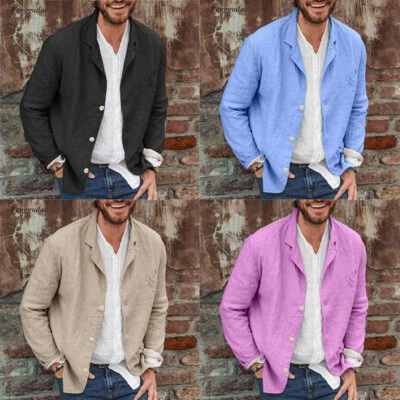 Solid Color Jacket Casual Spring Jacket Men's Collar Summer Suit Cotton Linen - Image 1 of 4
