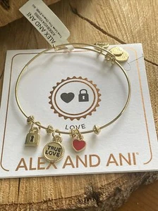 Alex and Ani "TRUE LOVE" Gold Triple Charm Heart Lock Adj Bracelet w/Card NWT - Picture 1 of 4