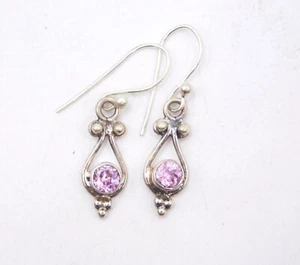 1.70 Gm 925 Sterling Silver Lab Created Pink Zircon Round Cut Stone Earring 1" - Picture 1 of 3