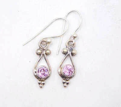 1.70 Gm 925 Sterling Silver Lab Created Pink Zircon Round Cut Stone Earring 1" - Image 1 of 3