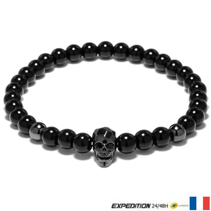 Bracelet Bijoux tête de mort Johnny Hallyday - Perles Onyx - Noir - 6mm - Photo 1/1