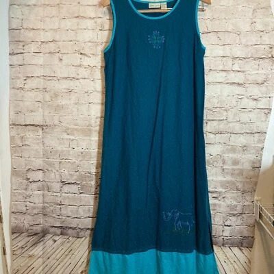 Vestido midi Studio Ease vintage para mujer 14 lino verde azulado turquesa safari elefante Foto 1 de 4