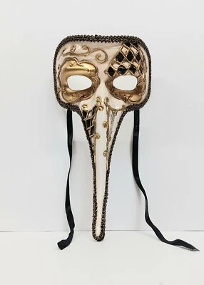 Máscara facial nariz larga mascarada blanco dorado negro color notas musicales a cuadros  Foto 1 de 4