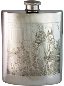 Pewter Hip Flask Hunting Foxes Picture Scene Kidney Engravable 6oz Screw Top - Picture 1 of 5