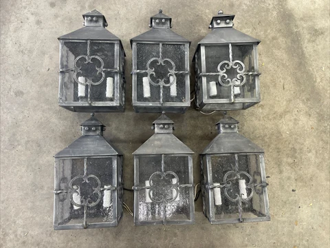 Antique/Vintage Original Pair Wrought Iron & Steel Wall Porch Lights Restored Cover