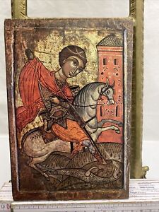 Christliche Holz Ikone 16x12,5cm handgefertigt 37038 NKlaus Heiliger Georg auf Pferd 