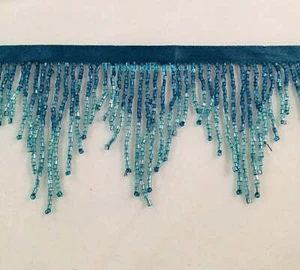 3" BLUE/TEAL Glass BUGLE Bead CHEVRON Beaded Ombre Fringe Lamp Costume Trim  - Picture 1 of 1