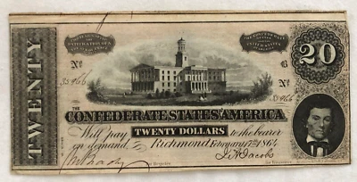 Civil War Confederate States of Americas $20 Note Dated February 17, 1864 - Image 1 of 2