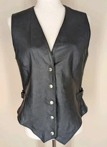 Vintage Wilson Black Leather Vest Womens Medium Biker Motorcycle Snaps Punk Rock - Picture 1 of 10