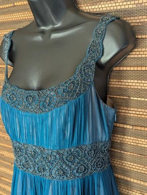 Adrianna Papell Y2K Size 6 Peacock Blue Silk Beaded Grecian Empire Regency Gown - Image 1 of 4