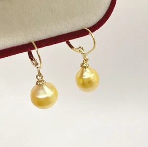 AAAAA 10-12MM Natural south sea gold Baroque swing Pearl earrings 14k gold - Picture 1 of 6