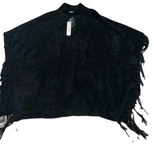 Strazzi By Cyrus Poncho Pullover Sweater Womens M Black Fringe Western Bohemian - Picture 1 of 6