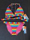 NWT Lg Jr Swimsuit String Tie Bikini 2 Pc Swimsuit Set Multicolor Stripe Rainbow