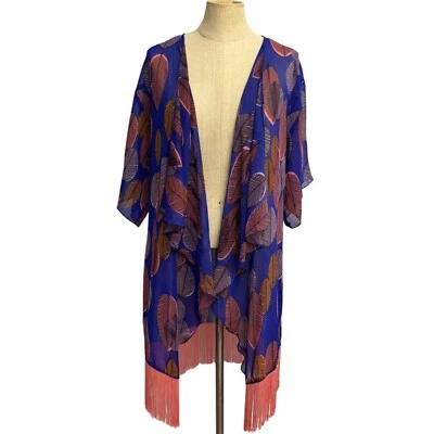 LuLaRoe Monroe Women XS Sheer Kimono Suimsuit CoverUp Blue Feathers Fringe Boho - Image 1 of 4