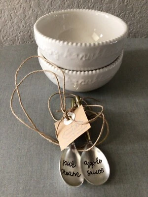 Mud Pie Happy Hanukkah Glass Dip Bowls & Metal Spoons Set Sour Cream Apple Sauce - Image 1 of 4