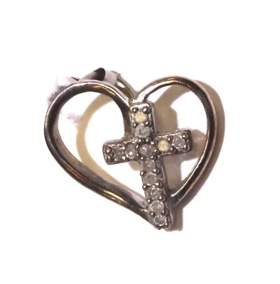 925 sterling silver Heart diamond .06ct I3 H cross slide pendant 1.5g estate - Image 1 of 4