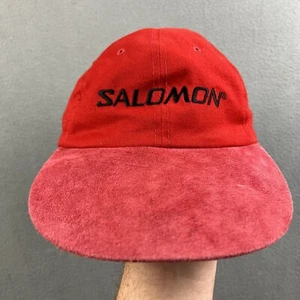 De colección Salomon Sombrero Rojo Esquí Snowboard Billete Largo Gamuza Cuero Correa Gorra Trasera Años 80 - Imagen 1 de 9