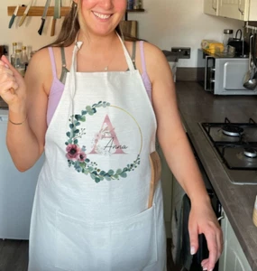 Personalised BRIDAL floral linen cooking apron, women chef pinny, tabard, - Picture 1 of 4
