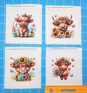 4 Piece 3"x3" Spring Cows 100% Cotton Quilting Sewing Fabric Panel Blocks - Picture 1 of 5