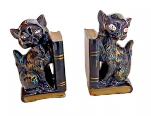Vintage Redware Keramik gruselige schwarze Katze Buchstützen mit Stifthaltern Made in Japan - Bild 1 von 17