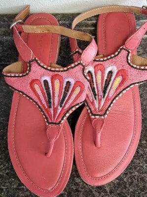 VTG 90's Women 10 Salmon Pink Beaded Flip Flops with Ankle Straps-David Charles - Image 1 of 4