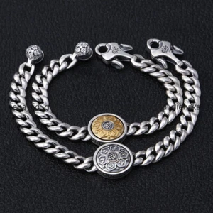 Pure S925 Sterling Silver Chain Spin 9mm Six Words Curb Link Bracelet 7.1-7.9in - Picture 1 of 7