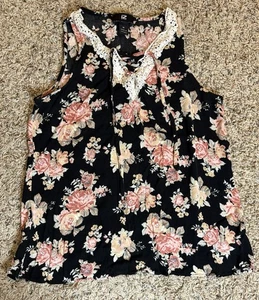 Iz Byer Black Floral Sleeveless Rayon Top w/ Crochet V at Neckline Size M - Picture 1 of 7