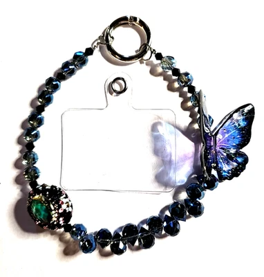 Blue Crystal Butterfly Phone Chain Strap Wristlet Rhinestone Beads & Charms  - Image 1 of 4