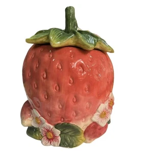 Ceramic Strawberry Shaped Cookie Jar with Floral Design, 9.6" Height, Large (... - Picture 1 of 6