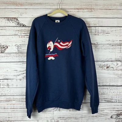 Sudadera XXL De Colección 1991 Azul Marino Fruta del Telar Bandera de EE. UU. Conejito Patchwork Abuela Foto 1 de 4