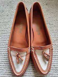 Nwob Sebago Sz 9.5M Women's Tasseled Loafer Canvas And Tan Leather Flats As Is - Picture 1 of 7