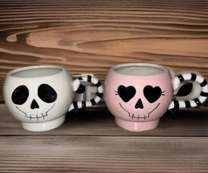 New! 2 Cute Pink&White Skull Cocoa/Coffee Mugs Halloween Boston Warehouse - Picture 1 of 7