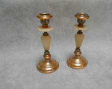  Pair of Vintage French Brass & Stone Candle Holders 