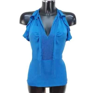 DIANE VON FURSTENBERG 100% SILK BLOUSE Size US 6 UK 10 blue ruffle top pussy bow - Picture 1 of 6
