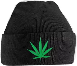 Cappello invernale NERO lavorato a maglia berretto marijuana ricamo foglia cannabis 420 erba nuovo - Foto 1 di 3