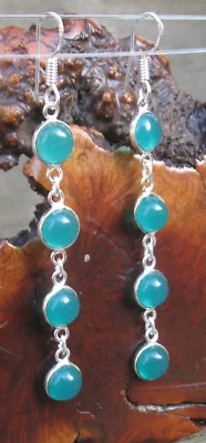 Green Onyx Round Sterling Silver Plated Gemstone Drop Dangle Earrings 3.1" - Image 1 of 4