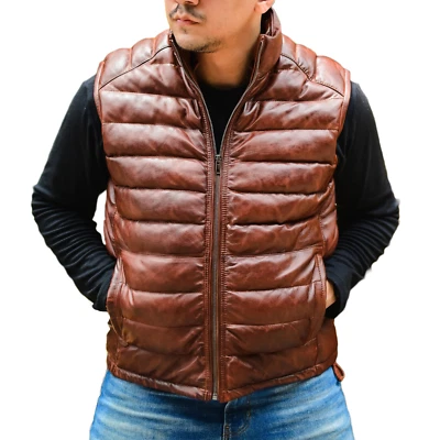 Men's Leather Puffer Jacket Leather Puffer Vest Quilted Down Jacket, Biker Style - Image 1 of 4