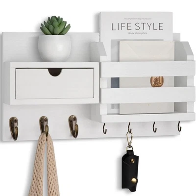 Wall Mount Key Holder with Mail Organizer, 100% Paulownia Wood, 7 Metal Hooks... - Image 1 of 4