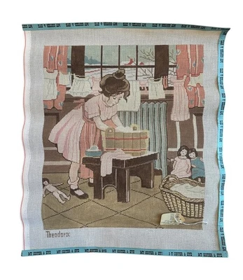 Theodora Handpainted Needlepoint Canvas “Washing Clothes” Rare Child Scene - Image 1 of 4