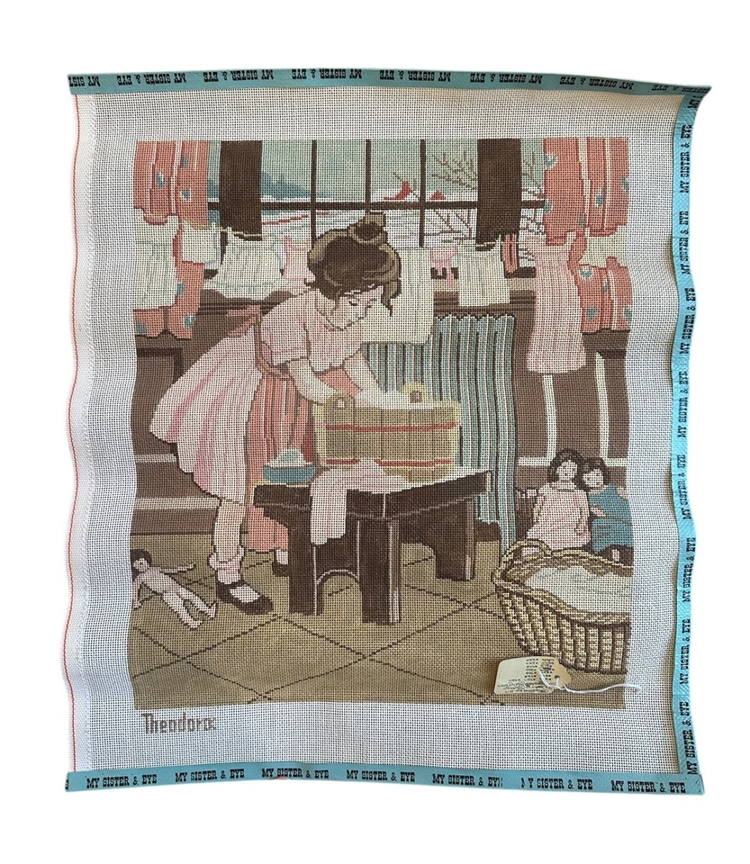 Theodora Handpainted Needlepoint Canvas “Washing Clothes” Rare Child Scene - Image 1 of 4